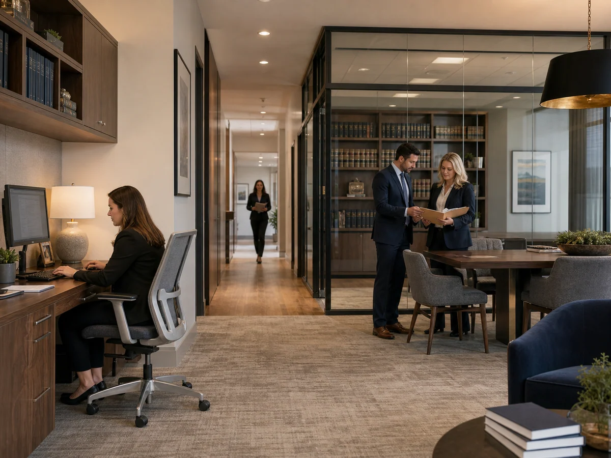 Representative image of attorneys and legal staff working in a professional law firm office