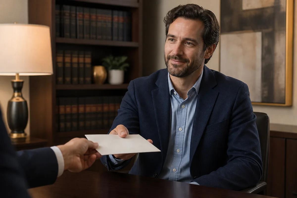 Fictional client receiving a plain envelope in an attorney’s office